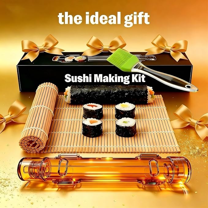 Sushi Making Kit – Clear Sushi Bazooka Roller & Bamboo Sushi Rolling Mat, Easy DIY Sushi Maker Tool Set for Beginners, Homemade Sushi Rolls for Kitchen & Party (Clear Amber)