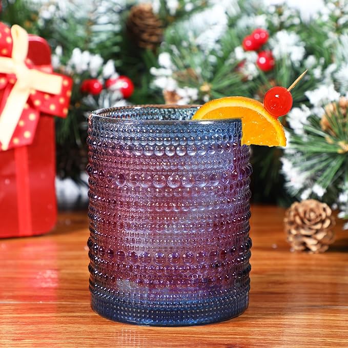 KMIGRUAN Hobnail Drinking Glasses Set of 6,12oz Blue Vintage Glassware,Cocktail Glasses,Embossed Glass Cups,Water Tumbler for Whiskey, Juice and Various Mixed Drinks