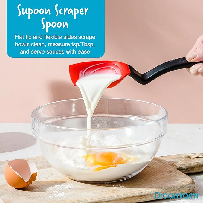 Dreamfarm Everyday Kitchen Essentials (Red) - Clongs Lite Click‑Lock Tongs, Supoon & Mini Supoon Scraper Spoons, Chopula & Mini Chopula Spatulas – Heat‑Resistant Nylon/Silicone for Cooking & Baking