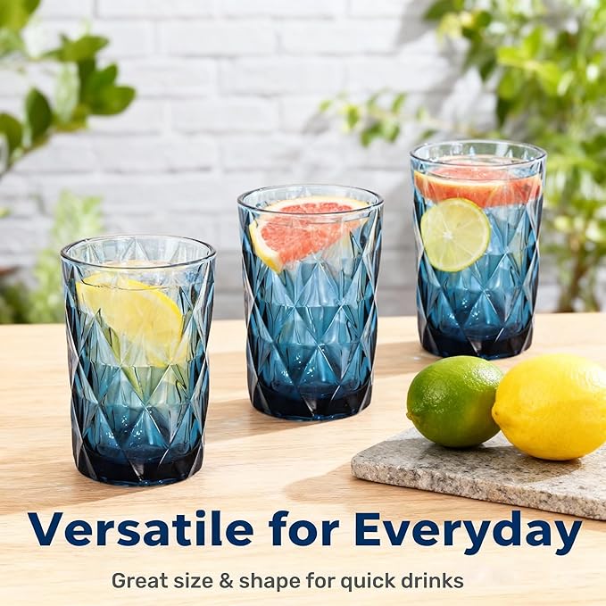Bandesun Drinking Glass set of 6 Modern Glassware Diamond Pattern Tumbler Cup（12 OZ），for Water，Cocktail，Milk，Juice and Beverage