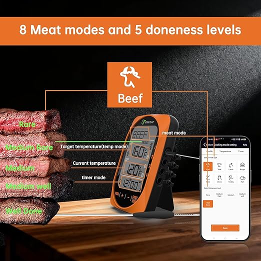 Bluetooth Meat Thermometer Smart Kitchen Thermometers with Timer Mode Temper Mode Digital Instant Read Food ThermometerA Grill Oven Thermometer with 4 Probes for Grill Candy Meat Oven Food Smoker