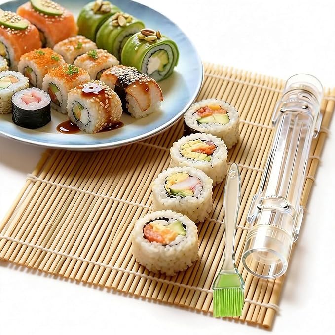 Sushi Making Kit – Clear Sushi Bazooka Roller & Bamboo Sushi Rolling Mat, Easy DIY Sushi Maker Tool Set for Beginners, Homemade Sushi Rolls for Kitchen & Party (Clear)