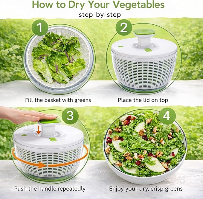 Brieftons QuickPush Salad Spinner: Large 6.3-Quart Vegetable Washer Dryer Strainer Drainer, Easy One-Handed Handle & Brake, Fast Spin Cycles, Compact Storage, to Wash, Clean & Dry Vegetables, Fruits