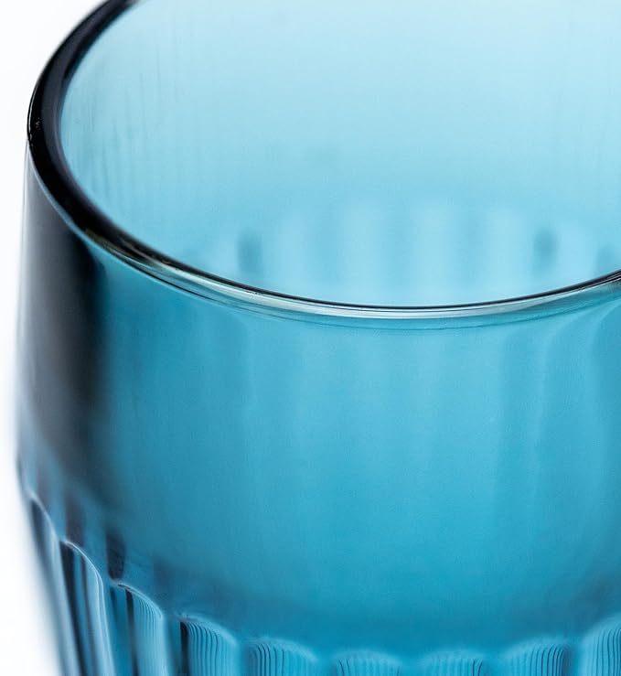 Blue Drinking Glasses Set of 4, 14 oz Ribbed Textured Glass Tumblers, Tall Retro Colored Drinkware for Water & Cocktails, Decorative Highball Glasses for Home & Bar, Modern Vintage Glassware Gift Set