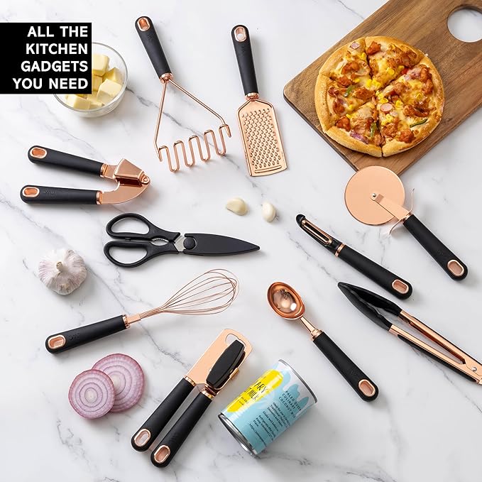 COOK WITH COLOR Kitchen Gadget Set Copper Plated Stainless Steel Utensils with Soft Touch Handles, Copper Black, 10 Pieces