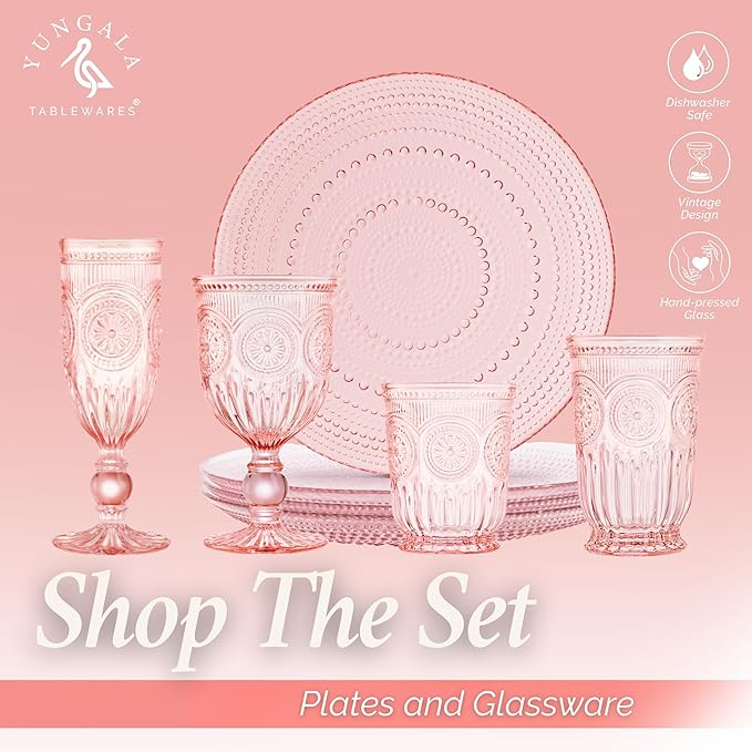 Yungala Pink Wine Glasses Set of 6 Vintage Hobnail Goblets 10 oz Transparent Glassware with Stems Dishwasher Safe