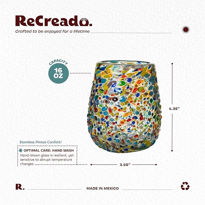 Confetti Dots Hand Blown Stemless Wine Glasses - 100% Recycled Mexican Glassware - Artisan Crafted Drinking Glasses for Cocktails, Tequila, or Water - Set of 6 (16 oz)