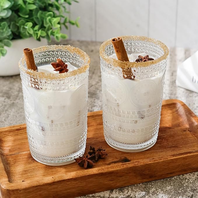 Hobnail Beaded Floral Clear Drinking Glasses Set of 6, (13 oz) Vintage Glassware Set by Kate Aspen| Cocktail Glass Set, Juice Glass, Water Cups | Great Hostess Gift & Gift for New Home Owners