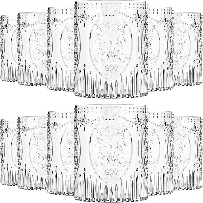 Qinyoung 12 Plastic Vintage Drinking Glasses 8.5oz Stemless Retro Embossed Wine Glasses Shatterproof Reusable Cups for Baby Shower Wedding Reception Grand Event Party (Clear)
