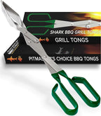 Shark BBQ Grill Tongs - 17 inch (Green). Professional steak grilling utensil. Long-reach Barbeque Tong. Ideal for steak, fish, burger, and sausage