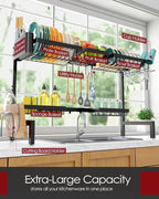 Sakugi Over The Sink Dish Drying Rack - Adjustable 2 Tier X-Large Capacity Stainless Steel Drainer with Cutlery & Utensil Holders, Kitchen Storage & Organization, 32"-39.5" L x 12" W x 25" H, Black