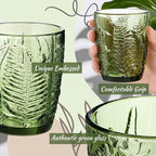 Reallnaive Green Drinking Glasses Set of 8, Boho Aesthetic Vintage Glassware Fern Carving Textured Tumbler Water Cups Embossed Pattern Drinkware Cocktail Glasses Set for Xmas Gifts(10 oz,Lowball)