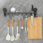 No Drill Kitchen Utensil Rack with 10 Hooks : Wall Mounted Suction Cup Holder for Hanging Spoons Towels Tools - Adjustable Double Rod Organizer for Kitchenware Storage