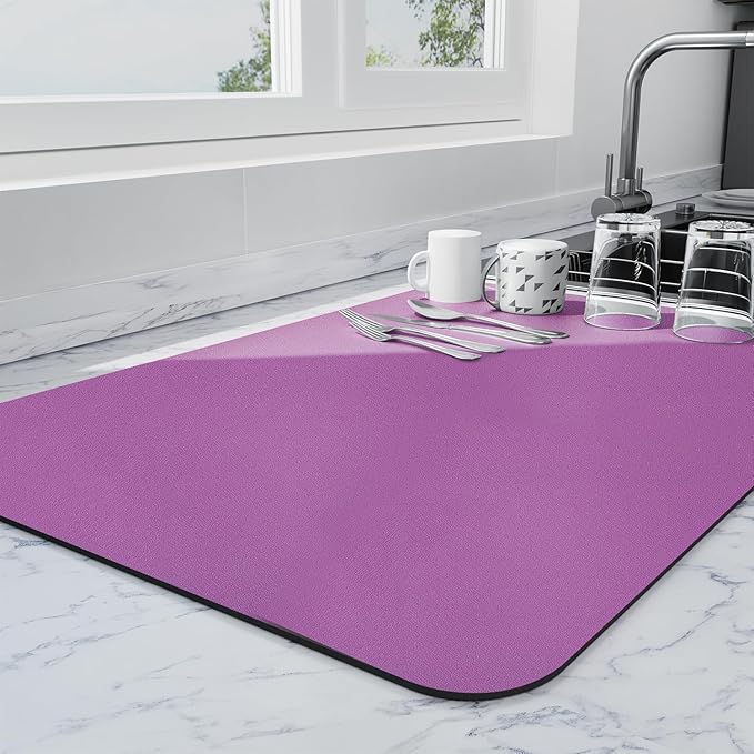 Ecotrim - Dish Drying Mat for Kitchen Counter | Coffee Bar Mat for Countertops | Heat Resistant Drainer Mat with Non-slip Rubber Backed | Hide Stain Kitchen Absorbent Draining Mat | Purple 18"x32"