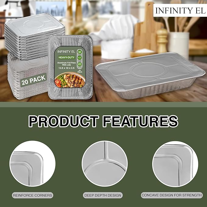 INFINITY EL Disposable Aluminum Foil Pans with Lids 20 Pack | Half 12.5" x 10" x 2.5" Deep Disposable Baking Pan | Heavy Duty Aluminum Pan for Roasting Turkey, Lasagna, Thanksgiving, Christmas, Party