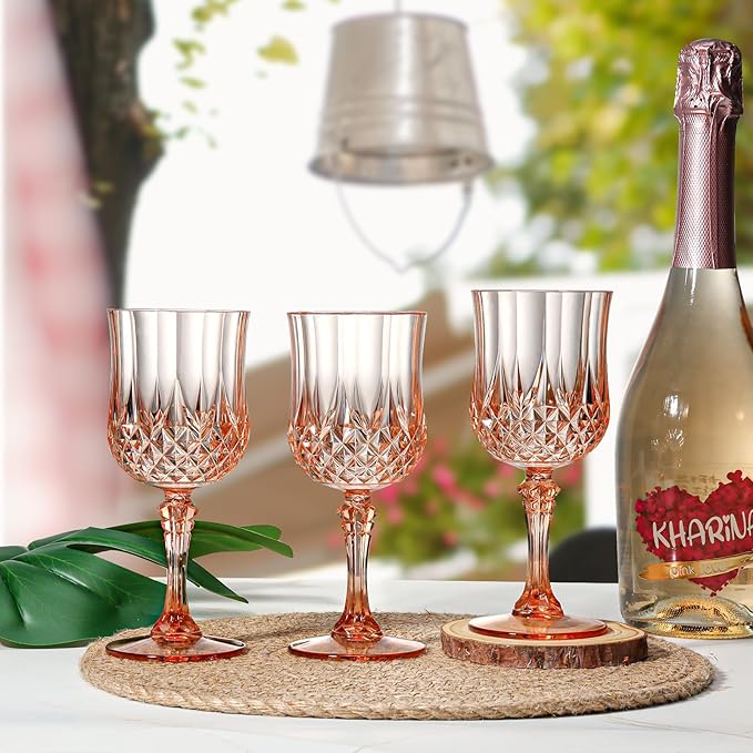 XUWAIDSGN 16 Pcs 7oz Plastic Vintage Wine Glasses Drinking Glasses Unbreakable Wedding Glassware Crystal Water Goblets Reusable Drinkware Vintage Champagne Flutes (16, Pink)