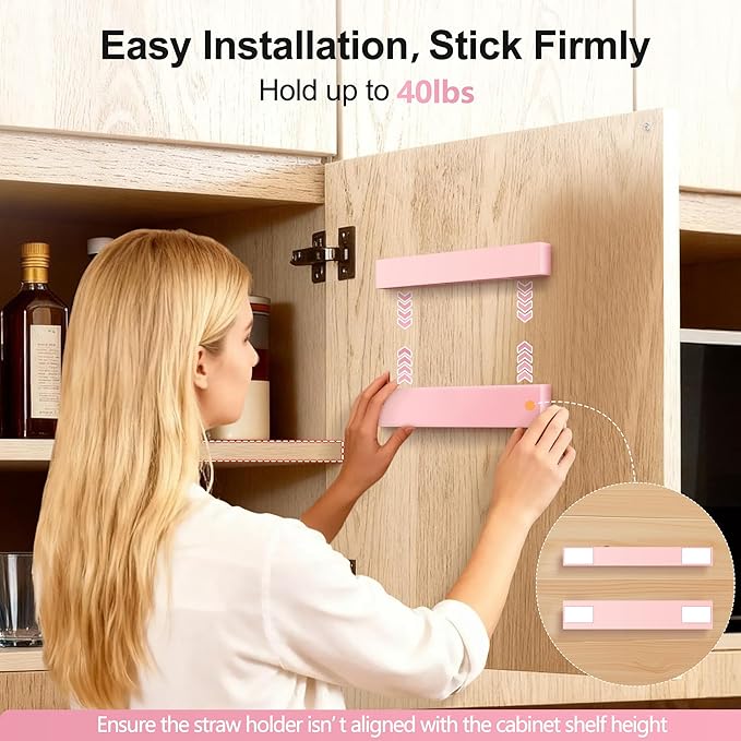 9.5” Large Acrylic Straw Holder for Cabinet Door, Reusable Adjustable Two-Part Straws Organizer with Ultra Sticky Adhesive Strips, 2026 Straw Storage for Kitchen Cupboard (Rose Stone)