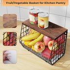 Wawocs Fruit Basket for Kitchen Counter, Fruit Bowl Stackable Wall Mounted Hanging Fruit Basket Wire Basket with Wood Lid with Banana Hanger Hooks, Onion,Potato,Fruit and Vegetable Storage