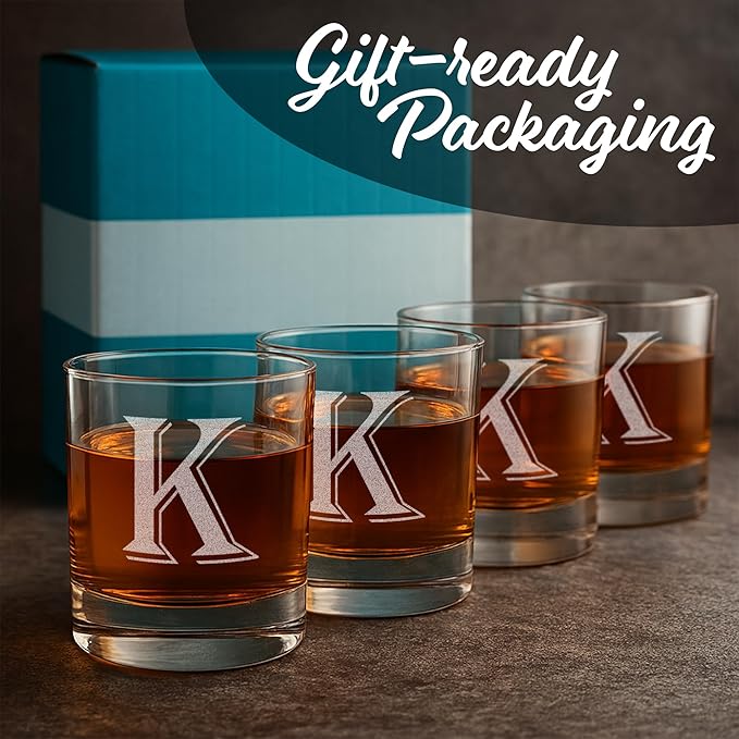 On The Rox (K-Monogram)- 4 Piece Set of 11 Ounce Engraved Heavy Base Rocks Whiskey Glasses Elegant Glass-Bourbon Multi-Purpose Beverage-Rocks Glass- Gift for any Occasion Drinks