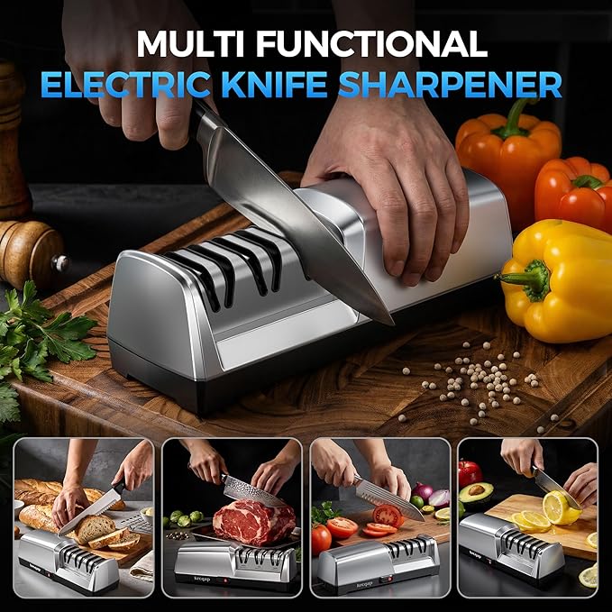Knife Sharpener Electric for Kitchen - 3-Stage Kitchen Knife Sharpener - 15°Precision Angle Guide Knife Sharpeners - Stainless Steel Grinding Head-Portable and Useful-Fast Sharpening, Repair, Polish