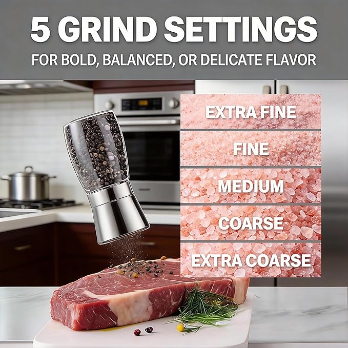 Gorgeous Salt & Pepper Grinder Set — Refillable Stainless Steel & Glass Spice Mill with Adjustable Coarseness — Perfect For Himalayan Or Sea Salts, Fresh Ground Pepper, Or Fresh Spices (2 Pack)
