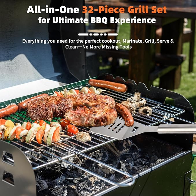 BBQ Grill Accessories, 32Pcs Grilling Gifts for Men Birthday Fathers Day, Heavy Duty Stainless Steel Grill Tool Set, Grill Utensils Kit for Outdoor Grill with Case, Thermometer & Meat Injector