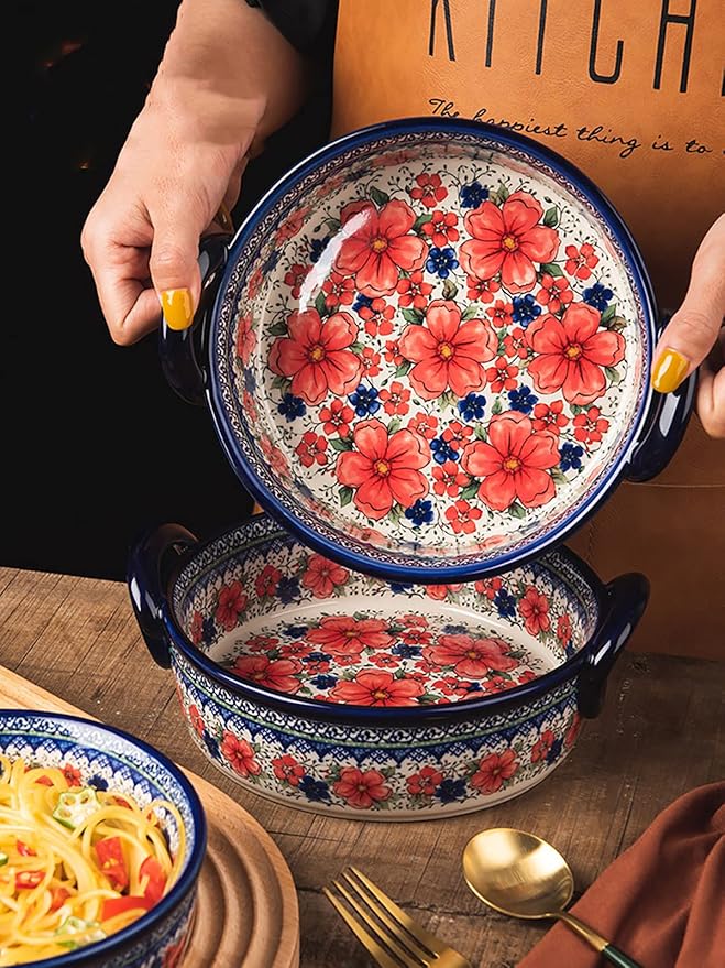 Vintage Style Cherry Blossom Flowers Pottery Bakeware Ceramic Casserole Dish Baking Pan Lasagna Pans Baking Dish with Handles for Oven to Table-1 PCS, 32 oz