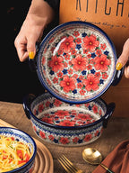 Vintage Style Cherry Blossom Flowers Pottery Bakeware Ceramic Casserole Dish Baking Pan Lasagna Pans Baking Dish with Handles for Oven to Table-1 PCS, 32 oz
