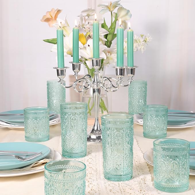 abrwyy Green Drinking Glasses Set of 4, Vintage Drinking Glasses, Colored Glassware Drinking, Highball Beverage Glasses Cup, Vintage Glassware Set for Water, Juice, Cocktail, Coffee