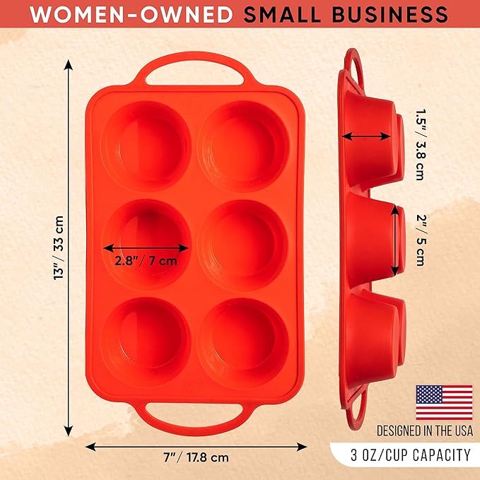 BAKE BOSS Regular Size 6 Cup Muffin Pan – Silicone Muffin Pans for Baking with Metal Handles – Nonstick Silicone Cupcake Pan, Easy-Release, BPA-Free Muffin Tray, Oven & Dishwasher Safe – Red