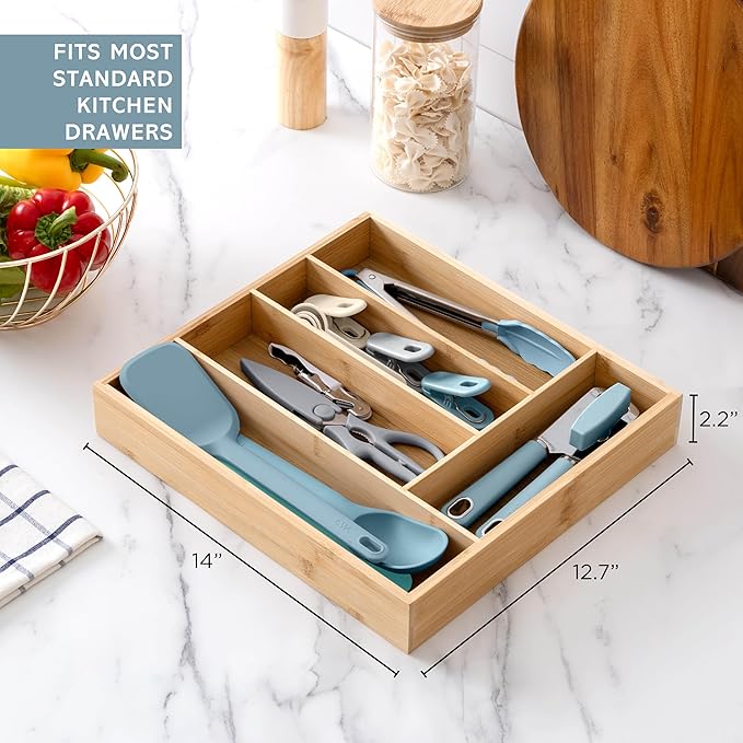 COOK WITH COLOR Bamboo Kitchen Utensil Set with Drawer Organizer | Cooking Tools and Storage Caddy, Blue, 18 Piece Gadget Set