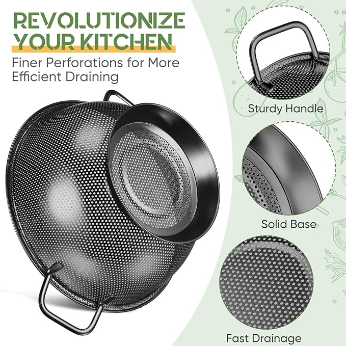 Bokon 3 Pcs Stainless Steel Colander Set Colander Bowl and Sieves 1/3/5 Quart Metal Mesh Strainer Net Basket with Handles Food Spaghetti Strainer for Kitchen Draining Pasta Rinsing(Black)
