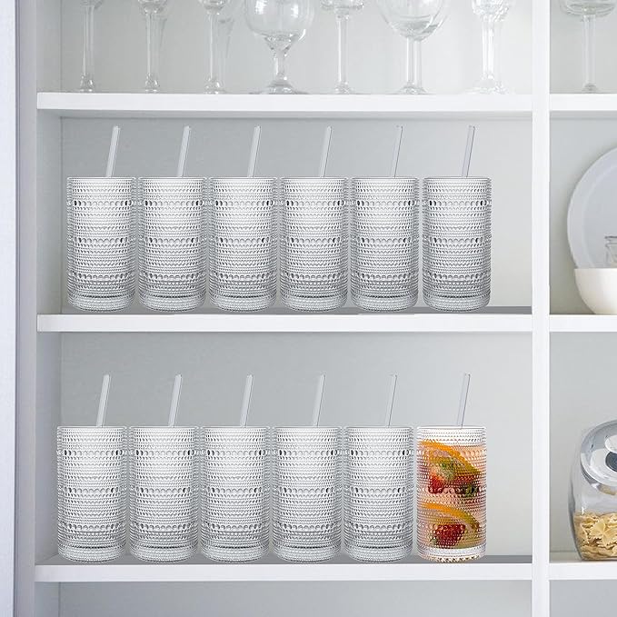 Dingerjar Upgraded Large Capacity 16 oz/480 ml Hobnail Glasses Drinking Set of 12 - Heavy Vintage Glassware