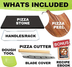 Easy Clean, Non Stick Ceramic Pizza Stone - Pizza Stones for Grill with Handles, Pizza Peel, Pizza Cutter, Dough Tool - Bread Baking Stone - 15 inch Ceramic Pizza Pan - Pizza Oven Accessories Kit