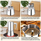 No Coating 4 Cup Thickened 304 Stainless Steel Moka Pot Stovetop Espresso Maker Italian Coffee Machine 200ml 6.8oz Suitable for Gas Induction Stovetop Greca Coffee Maker Percolator