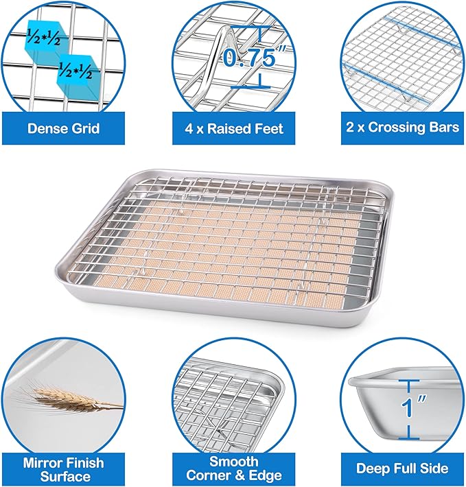 P&P CHEF 9 x 7 x 1 Inch Toaster Oven Pan with Grid Rack and Silicone Mat, Stainless Steel Toaster Oven Tray Baking Pan with Cooling Roasting Rack, Dishwasher Safe (3Pcs)