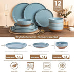 AmorArc Ceramic Dinnerware Sets for 4, 12 Pieces Handpainted Plates and Bowls Set with Rustic Terracotta Underside, Scratch Resistant Stoneware Dishes Set, Dishwasher & Microwave Safe, Stone Blue