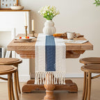 FEXIA Boho Table Runner for Home Decor with Tassels 60 Inches Long,Blue Farmhouse Rustic Table Runner Macrame Burlap Table Decoration for Living Room Bridal Shower(12x60 Inches)