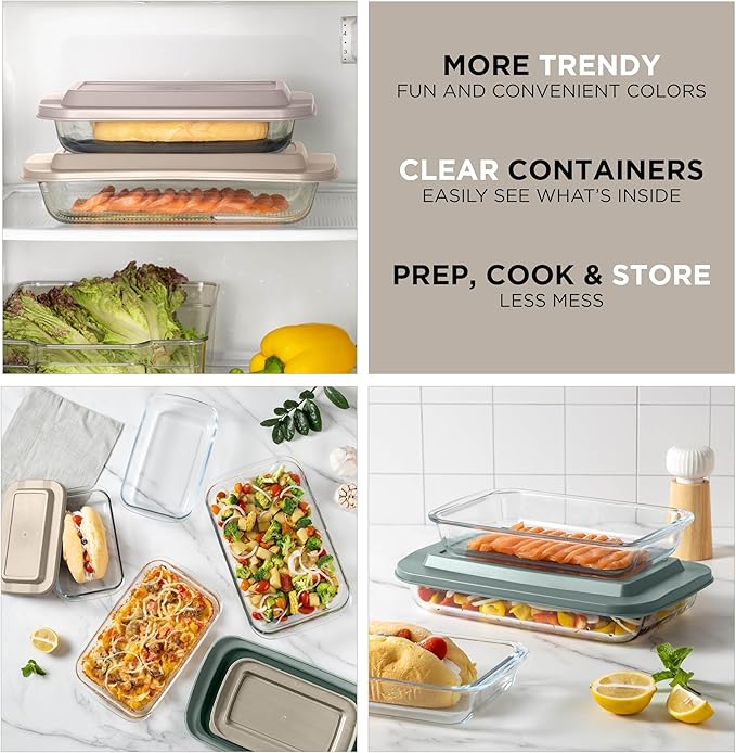 COOK WITH COLOR 8-Piece Deep Glass Baking Dish Set with Plastic Lids – Casserole and Food Storage Containers for Lasagna, Leftovers – Freezer-to-Oven, Microwave & Dishwasher Safe, Mint