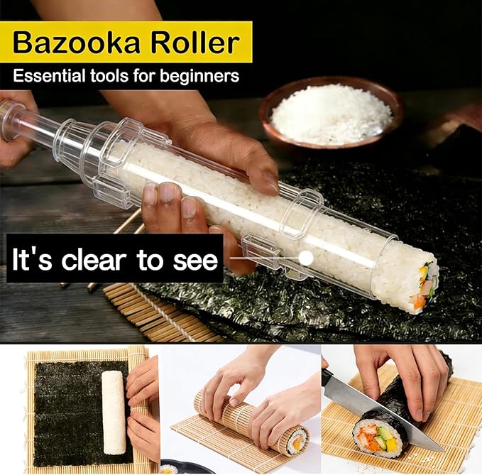 Sushi Making Kit – Clear Sushi Bazooka Roller & Bamboo Sushi Rolling Mat, Easy DIY Sushi Maker Tool Set for Beginners, Homemade Sushi Rolls for Kitchen & Party (Clear)