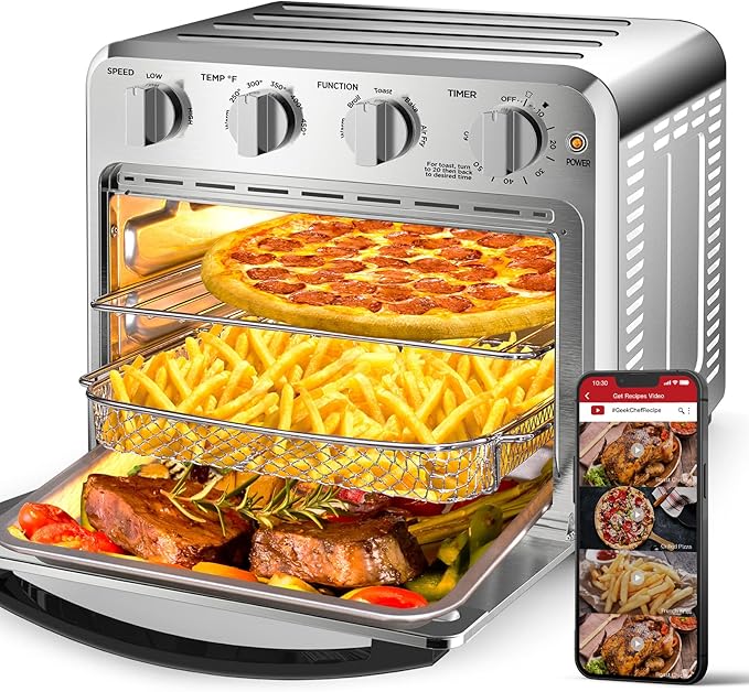Geek Chef Air Fryer Toaster Oven Combo, 16QT 5-in-1 Toaster Ovens Countertop, Convection AirFryer with Bake, Air fryer & Toaster, Broil and Warm Functions, Stainless Steel Easy Oven for Wonder Meals