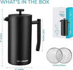 Belwares French Press Coffee Maker 34 Oz - Insulated Coffee Press Stainless Steel 304 - Double Wall & 4 Level Filtration System (1 Liter) - Black