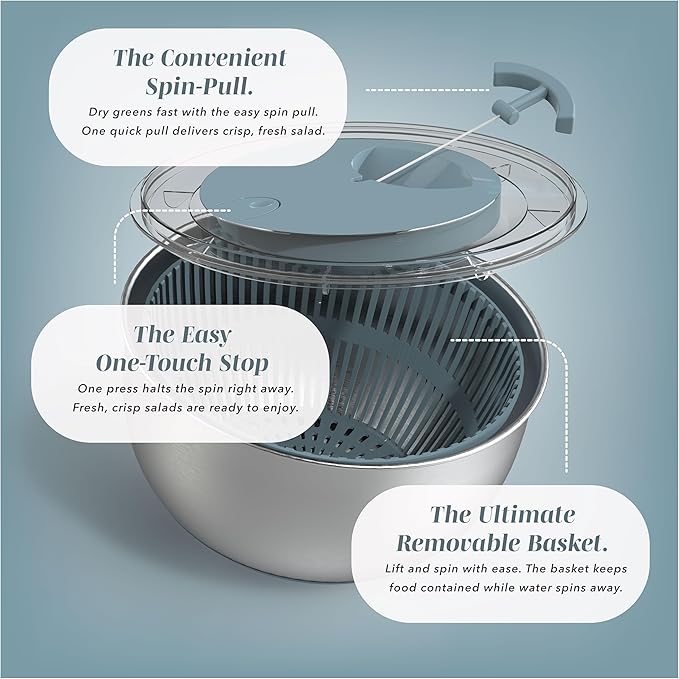 COOK WITH COLOR Stainless Steel Salad Spinner - 5 Qt. Lettuce Washer And Vegetable Spinner Dryer for Easy Salad Prep - Non Slip Base with Pull Handle - Auto Stop Brake System, Stain and Odor Resistant