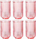Pink Vintage Drinking Glasses Set of 6-17oz Hand-Blown Highball Ribbed Glassware, Arch Design Cocktail Glasses for Whiskey Water Beverages Ice Coffee Juice Milk