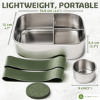 Everusely - Bento Box - Sage, 27oz / 0.8 L - Stainless Steel Lunch Box with Leakproof Condiment Container - 3 Compartment Snack Organizer for On the Go Meals - Freezer & Dishwasher Safe