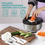 Navaris Salad Spinner with Lid - Salad Spinner Stainless Steel - Salad Dryer - Easy Washing, Drying and Spinning - Includes Grating and Slicing Discs