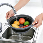 Collapsible Colander Set of 3 with Kitchen Counter Self-draining Base, Round Silicone Food Foldable Strainer for Cooking Pasta, Vegetables and Fruit (3QT, 4QT and 5QT)