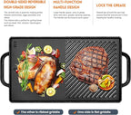 GGC Cast Iron Reversible Griddle, Double-sided Griddle Pan for Indoor and Outdoor Cooking, 15 x 9 Griddle Plate with Flat and Ribbed Side for Stove Tops, Gas Grills and Camping