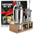 Cocktail Shaker Set of 10 – Stainless Steel Mixology Bartender Kit with 10 Accessories, Easy to Clean Bar Tool Set | Wooden Organizer for Home Bar Setup, Great Gift for Cocktail & Drink Enthusiasts