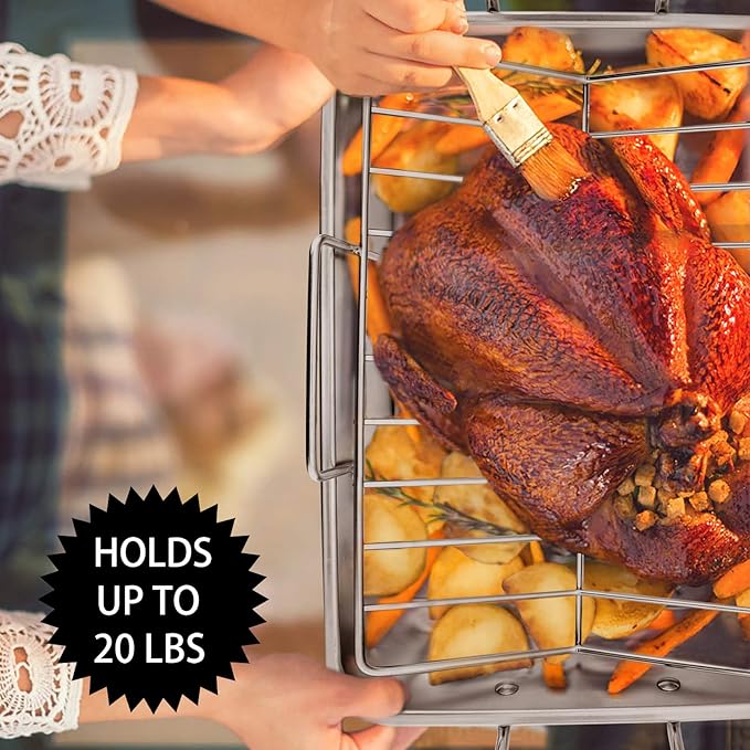 P&P CHEF 16" Roaster Roasting Pan with Baking Rack and V-shaped Rack, Stainless Steel Rectangular Lasagna Pan with Handles for Turkey Chicken, Healthy & Dishwasher Safe, 3 Pieces, Silver